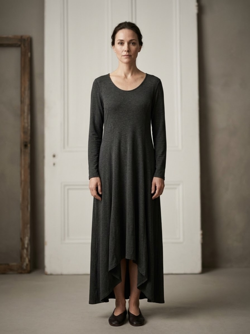 Chico's Dark Charcoal Asymmetrical Scoop-Neck Maxi Dress